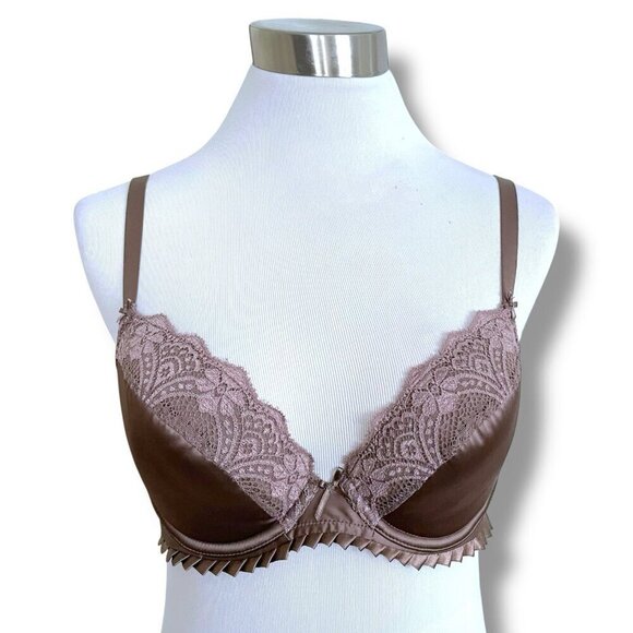 Simone Perele 34C Bra Mink Brown Satin Lace Adelaide Push Up Underwire 136340 - Picture 4 of 7